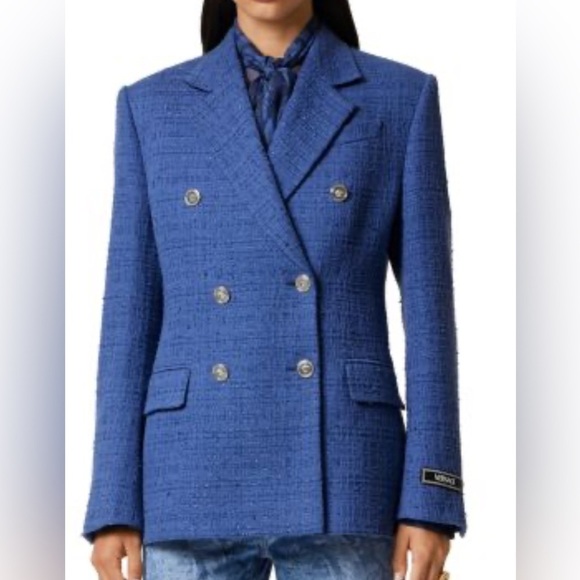 CURRENT SEASON Versace double breasted metallic blue tweed blazer jacket NWT - Picture 4 of 13